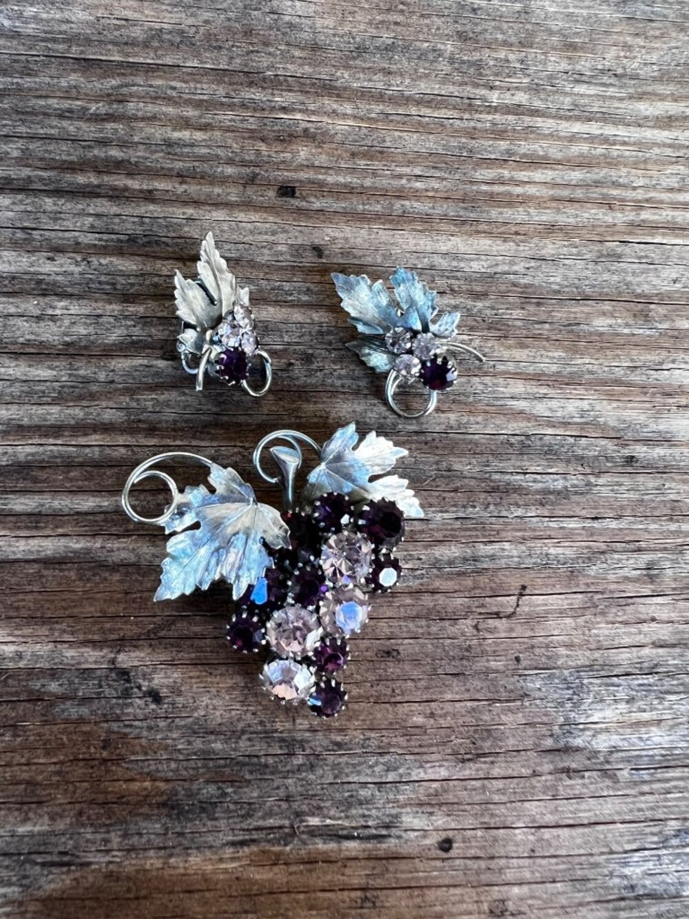 Vintage Park Lane Grape Brooch Clip Earrings Set Silver Purple Rhinestones
